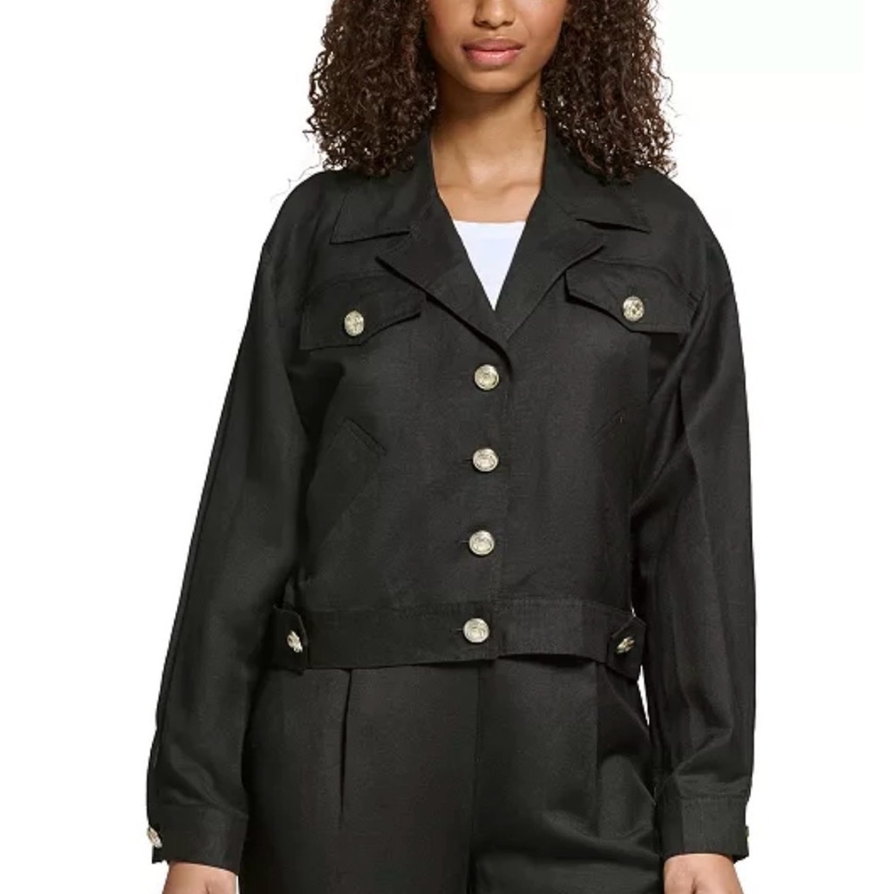 NWT Karl Lagerfeld Black Linen Blend Jacket with Silver Buttons